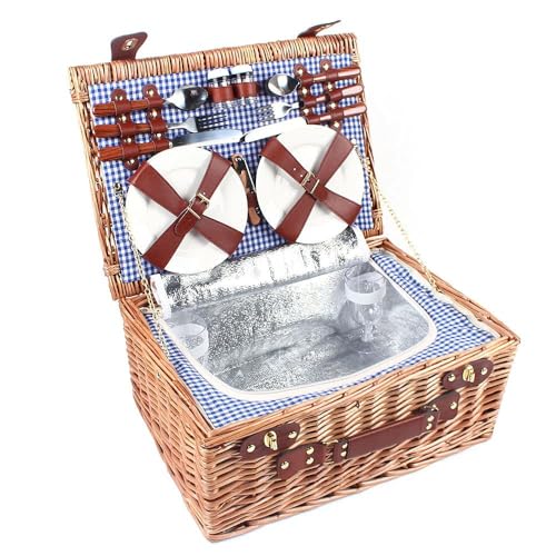 Blue 4 Persons Wicker Large Insulated Cooler Compartment with Lid and Handle Picnic Basket Set