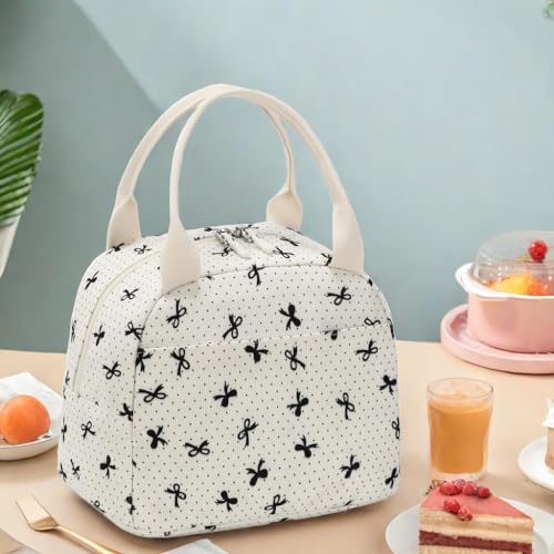 LEDAOU Lunch Box for Women Insulated Lunch Bag Corduroy Lunch Tote Bags Leakproof Cooler Lunch Case for Travel Work Picnic - color: Corduroy Beige-Bow Tie
