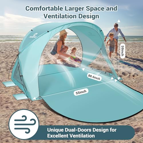 AugFir Beach Tent Sun Shelter, Beach Tent with Beach Mat Set, 4 Person Portable Beach Shade Canopy with UPF 50＋ UV Protection, Dual-Door Ventilation Design, Easy Setup Family Beach Umbrella (Green) - color: Green