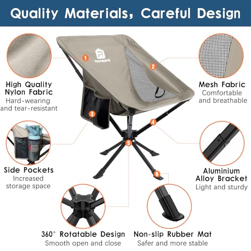 Raynesys Portable Camping Chair 1 Pack, 8 Seconds Quick Setup Folding Camping Chair, Flexible 360° Rotation, 3.8Lb Lightweight Travel Chairs for Easy Carry to Hiking, Sporting, Beach, Khaki - color: Khaki, size: 1 Pack
