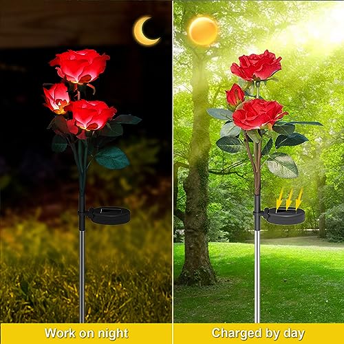 Anordsem Rose Lights Solar Powered for Women: Garden Light Waterproof for Yard Decorations Outdoor - Flower Lamp Colorful Lighting Cemetery Decor - Mother's Day Birthday Gifts for Mom Wife - color: Red, size: 2 pack (LED luminous color-changing)