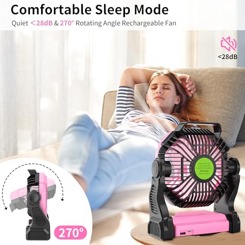 Portable Fan Rechargeable Camping Essentials, Cordless Camping Fan Battery Powered with Led Lights & 360°Hook, USB Battery Operated Fans for Women,4 Speeds Tent Portable for Traveling X23 Pink - color: Pink
