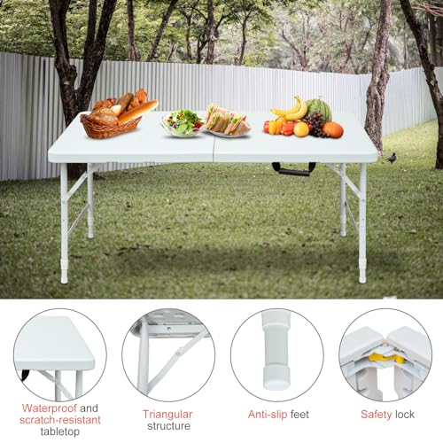 Portable 4Ft Folding Table, Heavy Duty Plastic Fold-in-Half Utility Foldable Table Small, Adjustable Height Plastic Folding Table with Carrying Handle for Camping & Party Indoor/Outdoor(White) - color: White, size: 4Ft