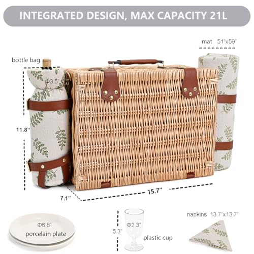 Picnic Basket with Blanket and Wine Pouch for 2, Wicker Picnic Set with Insulated Liner Cooler Bag Hamper for Camping,Wedding - Leaf - color: Leaf With Blanket for 2