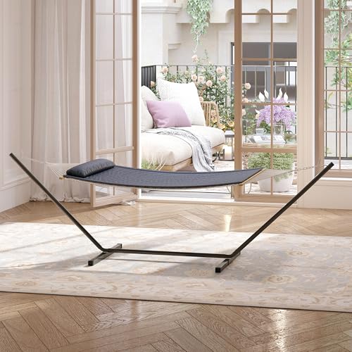 Double Hammock with Stand, Heavy Duty 475 lbs 2-Person Cotton Rope Hammock with Reversible Quilted Pad & Hardwood Spreader Bars, Portable Easy Assembly for Outdoor & Indoor Use, Gray