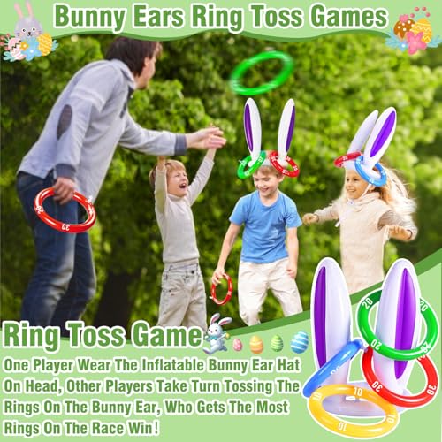 31 Pcs Easter Games Set for 6 Players - 6 Potato Sack Race Bags, Egg & Spoon Race, 3 3-Legged Bands, 2 Bunny Ear Ring Toss - Kids Family Easter Carnival Hunt Party Activities Outdoor Yard School Event