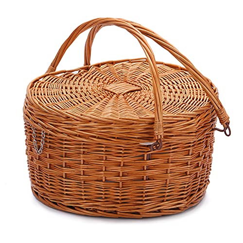 Picnic Basket for 2 Picniking Heart Shaped Empty Woven Wicker Willow Wood Hamper Backpack Box with Lid Cover Handle for Gifts Accessories Vintage Wine Baskets for Women Bin