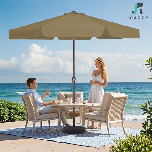 JEAREY 9 FT Patio Umbrella Outdoor, Table Umbrellas Market Umbrella w/Push Button Tilt/Crank, 8 Sturdy Ribs(Tan) - color: Tan