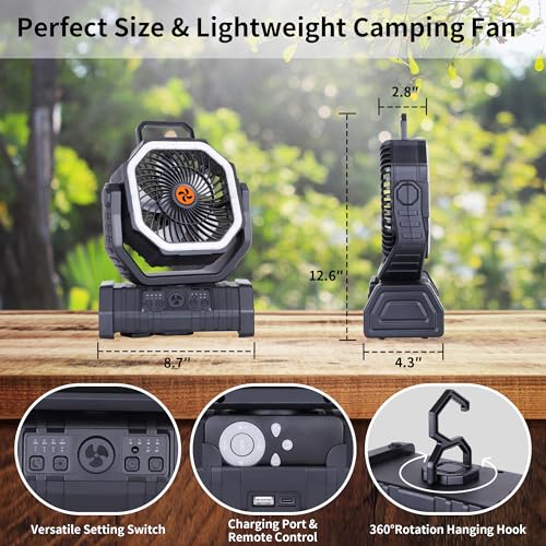 𝟐𝟎𝟎𝟎𝟎𝐦𝐀𝐡 Rechargeable Fan Portable,𝟏𝟑𝐈𝐧Battery Powered Camping Fan with Light,Workup 𝟔𝟎𝐇 & 𝟖𝐇 Timer & Remote,Auto Oscillation Battery Operated Fans Portable for Camping - Hanging Hook - color: Black
