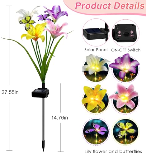 ostritec Solar Garden Lights Outdoor, 4 Pack Flower Lights for Outside, 16 Solar Lilies with Butterflies, Waterproof Garden Decor for Yard, Patio, Gifts for Women Mom (4 pcs Lilies) - style: Lilies-4 Pack