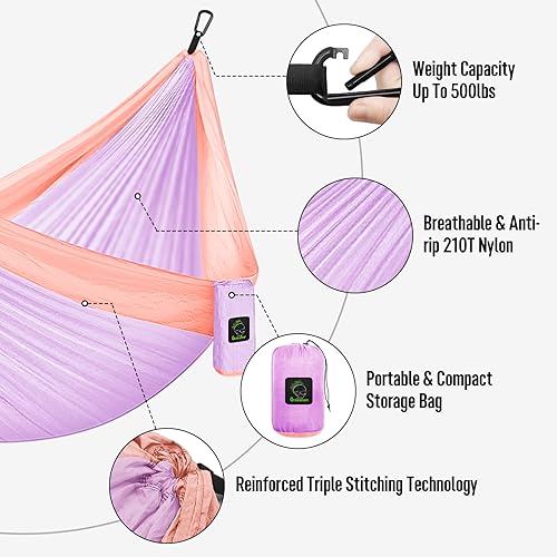 Grassman Camping Hammock Double & Single Portable Hammock with Tree Straps, Lightweight Nylon Parachute Hammocks Camping Accessories Gear for Indoor Outdoor Backpacking, Travel, Hiking, Beach - color: Purple & Pink, size: Two Person