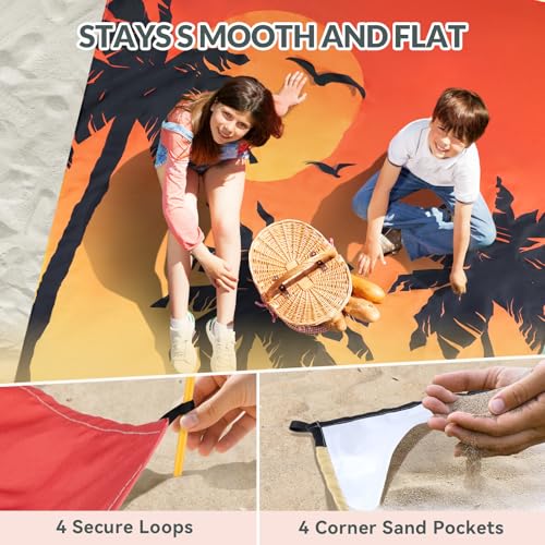 Beach Blanket, Waterproof Sandproof Beach Mat with Stakes and Inflatable Camping Pillow, 79" X 83" Quick Drying Lightweight & Durable Outdoor Picnic Mat with 4 Corner Pockets for Beach Camping - color: Coconut Tree