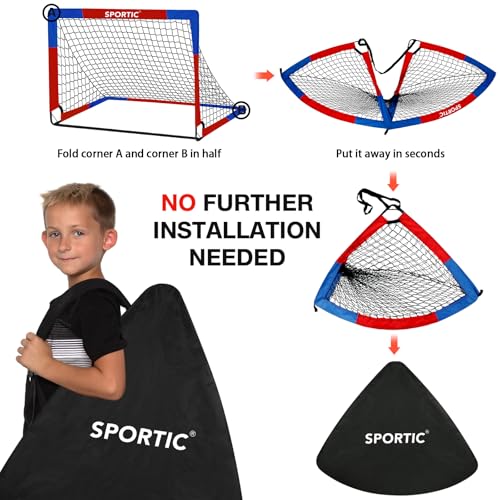 2 Pack 4' x 3' Soccer Goal Net Set, Pop Up Kids Practice Soccer Goals for Indoor and Outdoor.Portable Soccer Net with Carrying Bag & Ground Pegs, Perfect for Backyard, Field, Court - color: Red and Blue