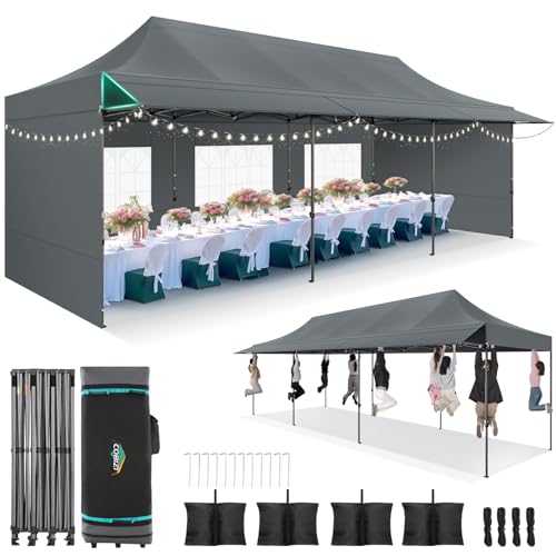 COBIZI 10x30 Pop Up Canopy Tent with Awning & Sidewalls, Heavy Duty Commercial 10X30 Canopy Tents Instant Waterproof, UPF 50+ Sun Shade for Outdoor, Parties, Markets (Gray) - color: Gray, size: 10x30FT with 5 Sidewalls & 3 Awning Cloth