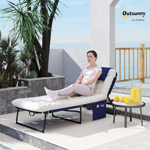 Outsunny Folding Chaise Lounge with 4-Level Reclining Back, Outdoor Tanning Chair with Cushion, Outdoor Lounge Chair with Breathable Mesh Fabric, Side Pocket, Headrest, Navy Blue - color: Navy Blue