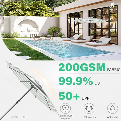 JEAREY 11' Patio Umbrellas Outdoor Table Market Umbrella w/Crank, 8 Sturdy Ribs, UV Protection Windproof for Garden, Deck, Backyard, Pool(Beige & Black Striped) - color: Beige & Black Striped, size: 11ft