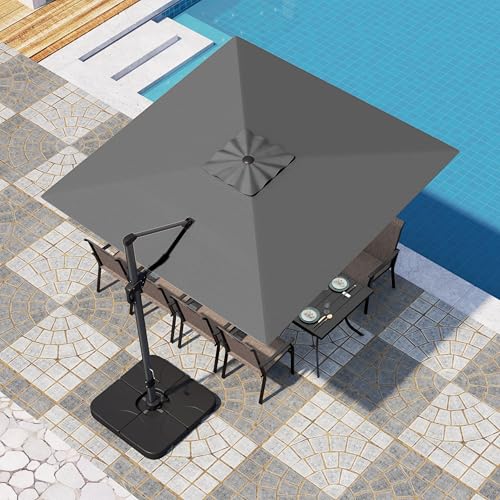 PHI VILLA 10ft Patio Umbrella with Base. 360° Rotation & 7-Level Tilt Outdoor Cantilever Umbrella with Easy Crank Handle. Square Offset Umbrella Heavy Duty for Garden Poolside Backyard (Grey) - color: Grey, size: 10'x10'-With Base