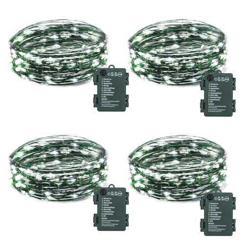 4 Pack Fairy Lights Battery Operated, 16.4 Ft 50 LED Starry Fairy Lights with Auto Timer Dark Green Copper Wire Twinkle Lights IP65 Waterproof for Wedding Bedroom Christmas (Cool White) - color: Cool White-Green Wire
