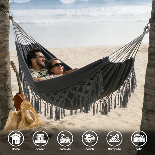 Lazy Daze Hammocks Double Brazilian Cotton Hammock, Extra Large Portable Outdoor Camping Hammock with Tree Straps & Travel Bag for Backyard Patio Poolside Indoor, 550lbs Capacity, Dark Gray - color: Dark Gray