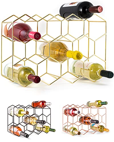 Gusto Nostro Countertop Wine Rack - 14 Bottle Freestanding Modern Gold Metal Small Wine Rack - 3 Tier Tabletop Wine Holder Stand for Cabinet, Pantry, Wine Bottle Storage - No Assembly Required - color: Gold, size: 14 Bottles
