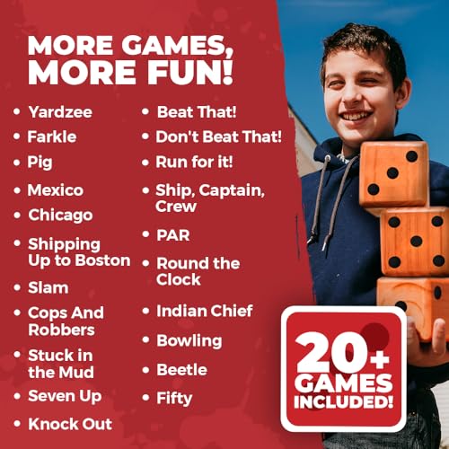 SWOOC Games - Yardzee, Farkle & 20+ Games - Classic Red Shaker Edition (All Weather) - Yard Dice Game Set with Red Collapsible Bucket, Lid, 5 Big Laminated Score Cards & Marker - Outdoor Yard Game - color: Red, size: 3.5" Dice