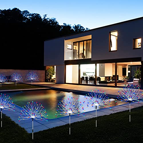 Outdoor Solar Garden Lights,Firework Lights 4 Pack Waterproof Decorative Pathway Lights,120Led Firefly Lights Solar Outdoor Decor for Courtyard Garden Party Yard Decorations Outdoor,Colorful - color: Multicolor