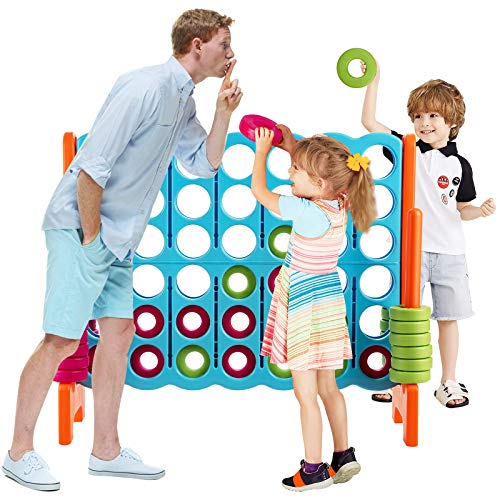 Costzon Giant 4-in-A-Row, Jumbo 4-to-Score Giant Game Set for Kids & Adults, Indoor Outdoor Yard Connect Game, 3.5FT Tall with 42 Jumbo Rings & Quick-Release Slider, Perfect for Family & Party Games - color: Baby Blue/Orange