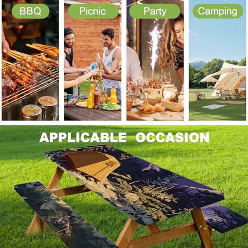 ANNA QUEEN Camping Adventure 6FT Picnic Table Cover with Bench Covers Set of 3 with Drawstring Bag, Forest Tent Scene 72"x30" Waterproof Picnic Tablecloth & Bench Covers for Outdoor Dining - color: #52
