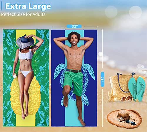 2 Pack Microfiber Lightweight Beach Towel 71"x32" Oversized Extra Large Thin Sand Free Towels Travel Swim Pool Yoga Gym Camping for Adults Women Men Beach Essentials Accessories Vacation Gift - color: 2 Pack Turtle Pineapple