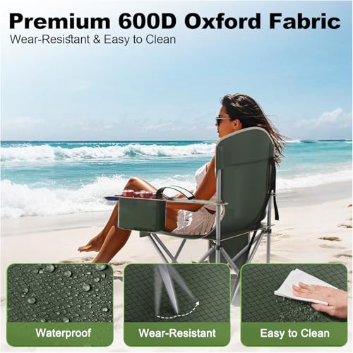 VTOY Folding Camping Chairs Durable 600D Oxford, Portable Outdoor Chair with Cooler Pouch, Cup Holder & Storage Pocket for Camping, Beach, Fishing - color: 2 Pack, Olive Green
