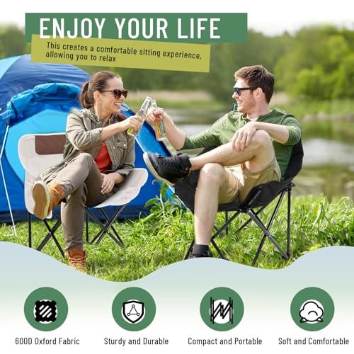 2 Pack Compact Camping Chairs Portable Folding for Outside with Carry Bag Lightweight Moon Chairs for Travel Picnic Hiking Beach Fishing, 600D Oxford, Supports 330lbs(White, Black) - color: White, Black