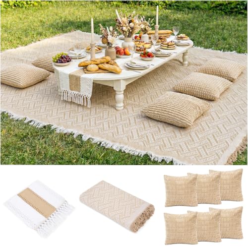 Extra Large Outdoor Boho Picnic Blanket with Table Runner and 6 Throw Pillows Covers for Outdoor Essentials Beach Accessories Garden Party Decoration Patio Park Lawn Grass Ground Festival Mat Beige XL - color: Brown