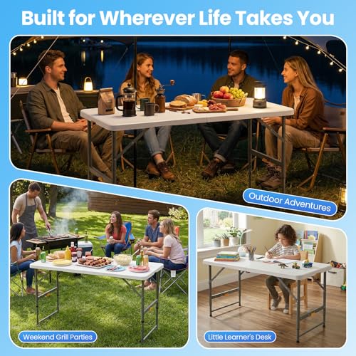 4 Foot Foldable Table with Built in Handle & Steel Legs, 4FT Portable Adjustable Height Heavy Duty Small Card Folding Table for Parties, Dining, Events, Picnic, Indoor & Outdoor, Camping, Utility