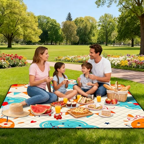 Poedist Extra Large Picnic Blanket Waterproof,80"x 80"Foldable Machine Washable Beach Blanket,Outdoor Blanket for 6-8 Adults,Suitable for Indoor Crawling,Park Beach,Camping,Hiking,Family Travel(Sun) - color: Yellow Sun, size: 6'8" x 6'8" (Square)