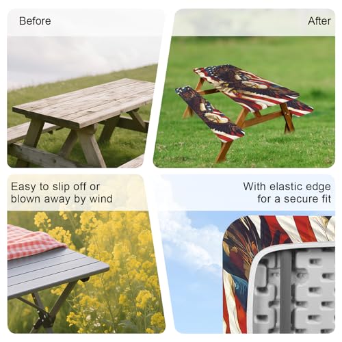 ANNA QUEEN Patriotic American Eagle 6FT Picnic Table Cover with Bench Covers Set of 3 with Drawstring Bag, USA Flag Eagle 72"x30" Waterproof Picnic Tablecloth & Bench Covers for Outdoor BBQ - color: #64