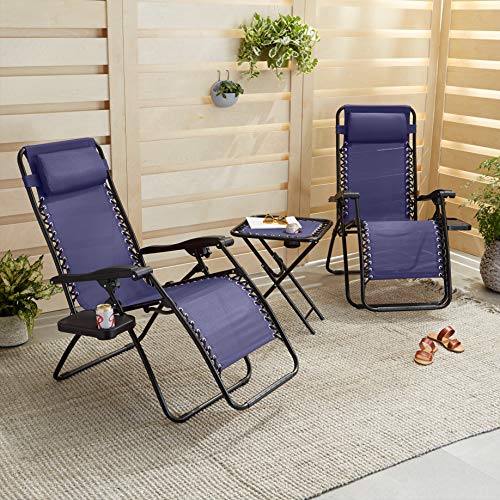 Amazon Basics Outdoor Adjustable Zero Gravity Folding Reclining Lounge Chair with Cup Holder, Headrest Pillow, Detachable Side Table, Weather Resistant, Set of 2, Blue - color: Blue