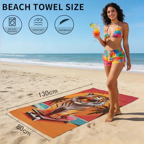 Tiger Beach Towel Funny Tiger Skateboarding Bath Towel for Kids Adults, Microfiber Lightweight Quick Dry Animal Red Orange Sunset Palm Tree Surf/Swim/Pool/Travel Towels, Oversized 32x52 - color: Tiger