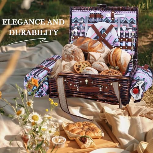 Neti Neti Wicker Picnic Basket for 2 Boho with Insulated Cooler & Waterproof Blanket – Large Willow Picnic Hamper for Outdoor, Camping, Beach, Romantic Dates, Valentine’s Day - color: Boho 1