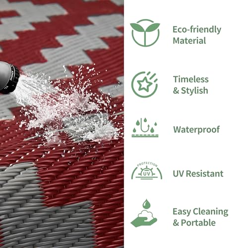 GENIMO Outdoor Rug for Patio Clearance, 9'x12' Reversible Plastic Straw Rugs, Lightweight Waterproof RV Camping Mat for Camper, Balcony, Deck, Backyard, Picnic, Red Grey - color: Red & Grey, size: 9' x 12' (Rectangular)