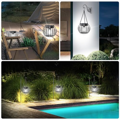 Solar Powered Lights Outdoor Waterproof Hanging Lights for Outside 15" Metal Solar Lanterns Decorative Outdoor Garden Yard Patio Pathway Decor 2 Pack,Cool White