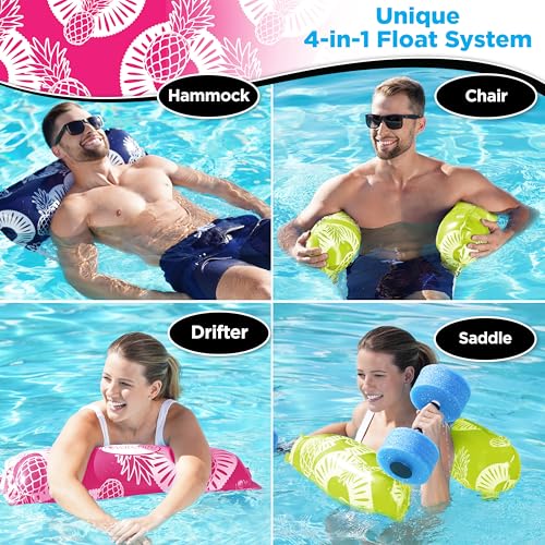 Waterlife 4-in-1 Pool Hammock 2-3-4 Packs, Inflatable Pool Chair Float, Water Hammock (Saddle, Lounge Chair, Hammock, Drifter), Multiple Colors - color: Navy Blue, Green & Pink