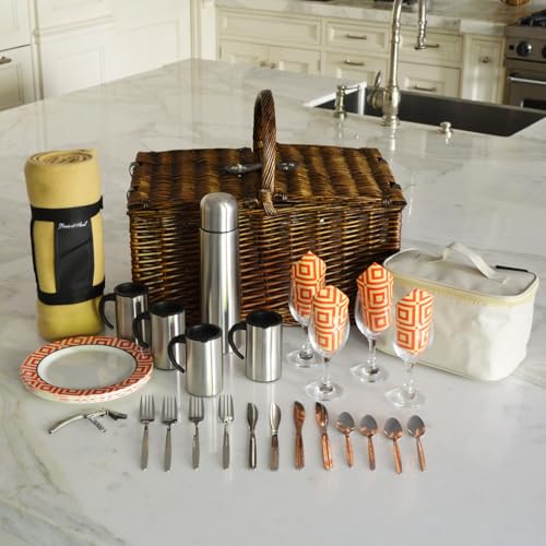 Picnic at Ascot Buckingham Willow Picnic Basket With Blanket And Coffee Service, Brown Wicker/Diamond Orange