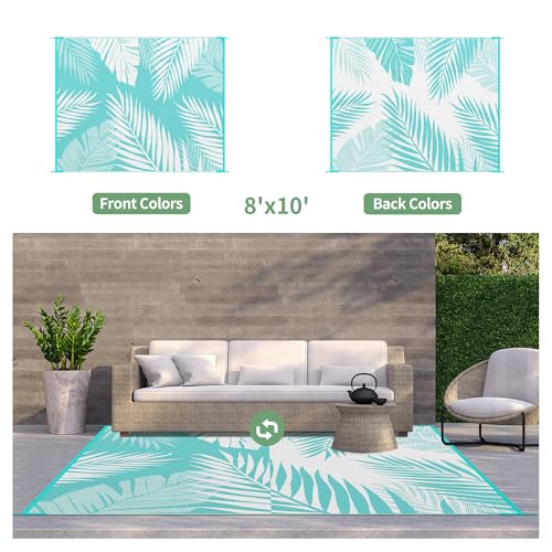 GENIMO Outdoor Rug 8' x 10' Waterproof for Patios Clearance, Reversible Outdoor Plastic Straw Camping Rug Carpet, Large Area Rugs Mats for RV, Camper, Deck, Balcony, Porch, Beach, Aqua Blue&White - color: Aqua Blue & White | Waterproof, size: 8' x 10' (Re