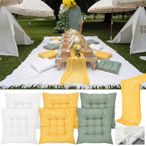 Extra Large Outdoor Picnic Blanket with Table Runner and Floor Pillow Cushion for Picnic Wedding Birthday Baby Shower Backyard Decor(91 x 71'',Light Beige,Yellow,Green,8 Pcs) - color: Light Beige,yellow,green