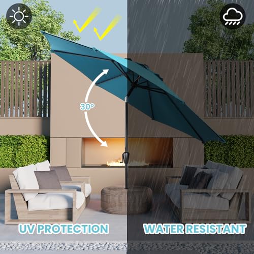 Sun-Ray 9' Round Patio Umbrella with Push-Button Tilt and Hand Crank Lift System, Market Umbrella for Porch, Deck, and Patio - color: Teal