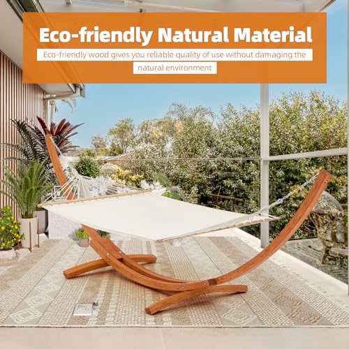 ECOTOUGE 14FT Wooden Double Hammock with Stand 2 Person Heavy Duty, Easy Assemble, Weatherproof Premium Quilted Camping Hammock for Outdoor, Patio(White) - size: 14FT