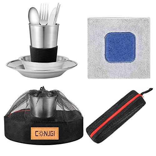 Outdoor Camping Mess Kit - 1 to 2 persons Camping Dishes Includes Cups, Bowls, Dishes, Knives, Forks, Spoons, Etc, Camping Dinnerware Set with Mesh Bag is Easy to Carry Camping Tableware Set - color: 1 person set black