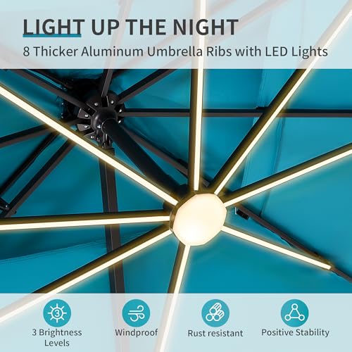10 X 13 FT Cantilever Patio Umbrella with Led Lights Outdoor Rectangle Offset Large Double Top Heavy Duty Umbrellas with 360°Rotation for Pool Deck Backyard Garden, Turquoise - color: Turquoise, size: 10×13 Ft Without Base