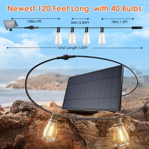 Bdrofn 120FT Solar String Lights Outdoor,Solar Patio Lights Waterproof with Remote & 40+2 Dimmable ST38 Shatterproof LED Bulbs,Commercial Grade Solar Powered String Lights for Outside - size: 120FT