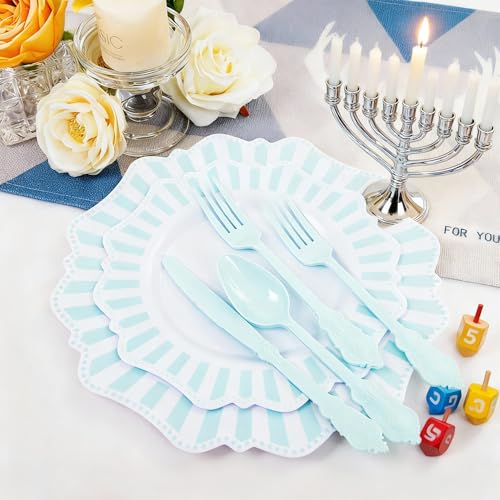 COLOSUS 150pcs Disposable Blue and White Striped Easter Plastic Party Plates and Silverware set, Light Blue Dinner/Dessert Plates silverware serve 30guests for Birthday, New Year and Daily use. - color: white+light blue